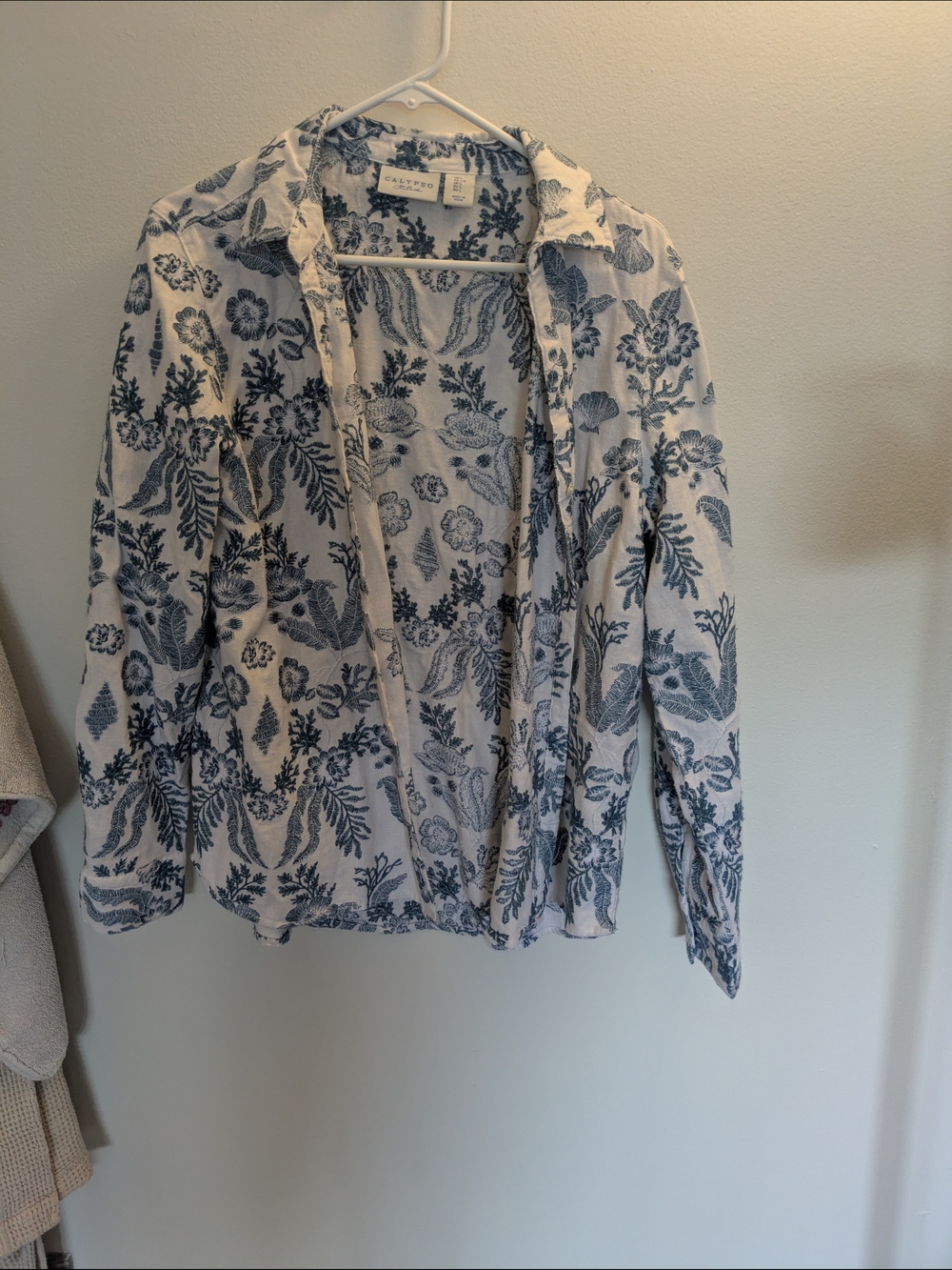 White Linen Shirt with Blue Floral Embroidery By Calypso St Barth